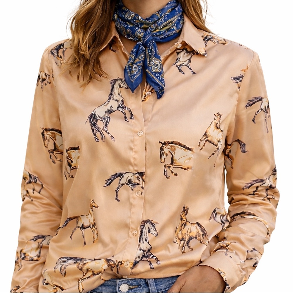 Women's Horse Print Satin Blouse Medium